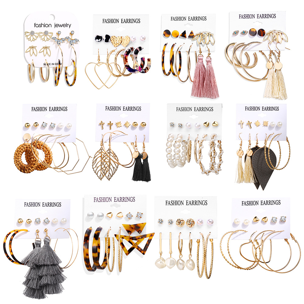 5504 Han Zhishang Acrylic artificial Pearl Circle Tassel Stud Earring Set 6-piece European and American Cross-border Earrings Item Picture