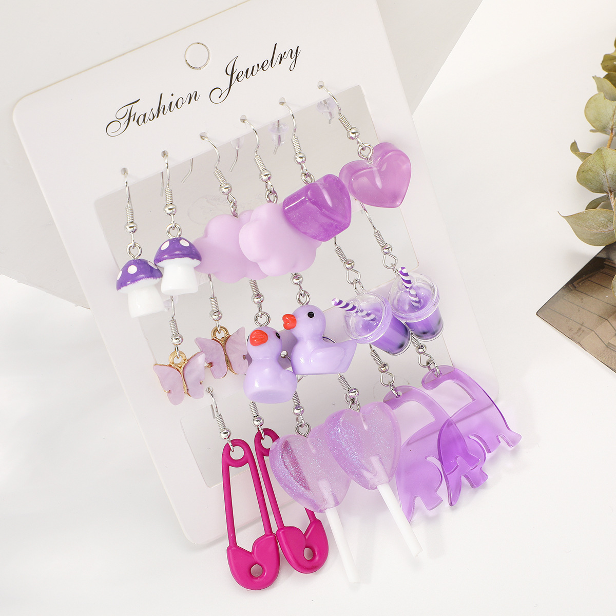 New cross-border purple mushroom milk tea butterfly heart earrings set of 12 pieces, pin lollipop duck earrings Specification drawing