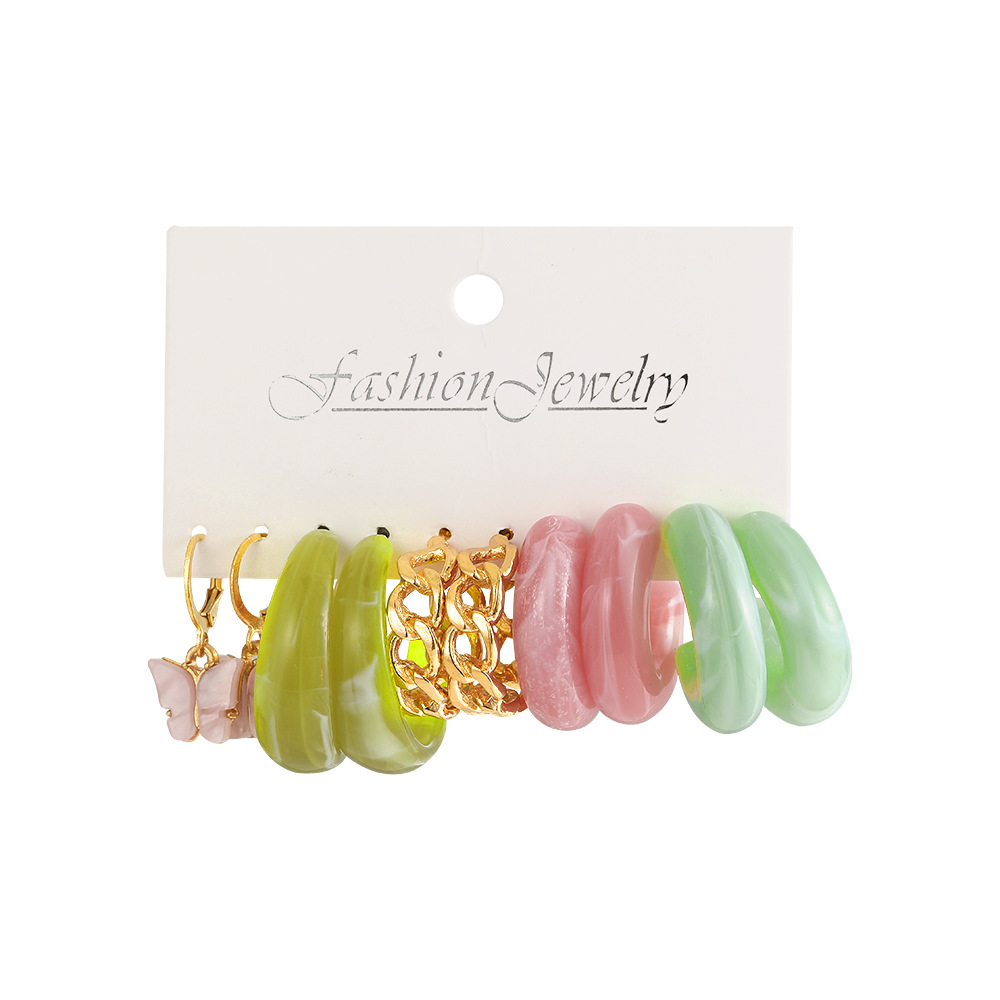 New cross-border acrylic butterfly earrings from Europe and America, creative circle C-shaped resin earrings set of 5 pieces chain earrings Item Picture