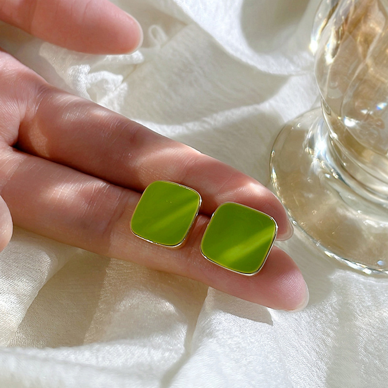 S925 Silver Needle Korean green oil-dripping geometric new trendy square summer niche design Trendy trendy stud earrings Specification drawing