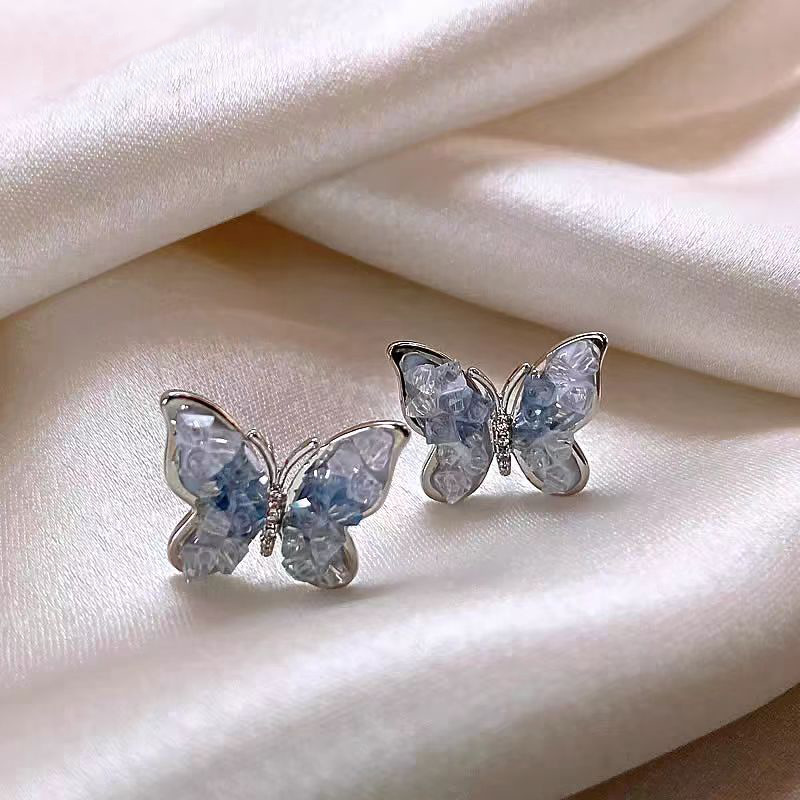 925 Silver Needle Blue Gradient Crystal Butterfly Earrings for women, fresh, sweet and exquisite stud earrings, light luxury and high-end earrings full figure