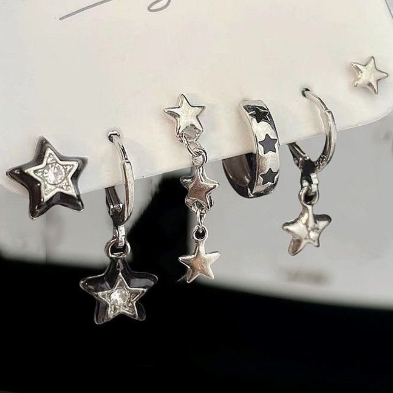 A new cross-border European and American sweet and cool style simple water diamond five-pointed star earrings and dark star ear buckle set of 6 pieces full figure