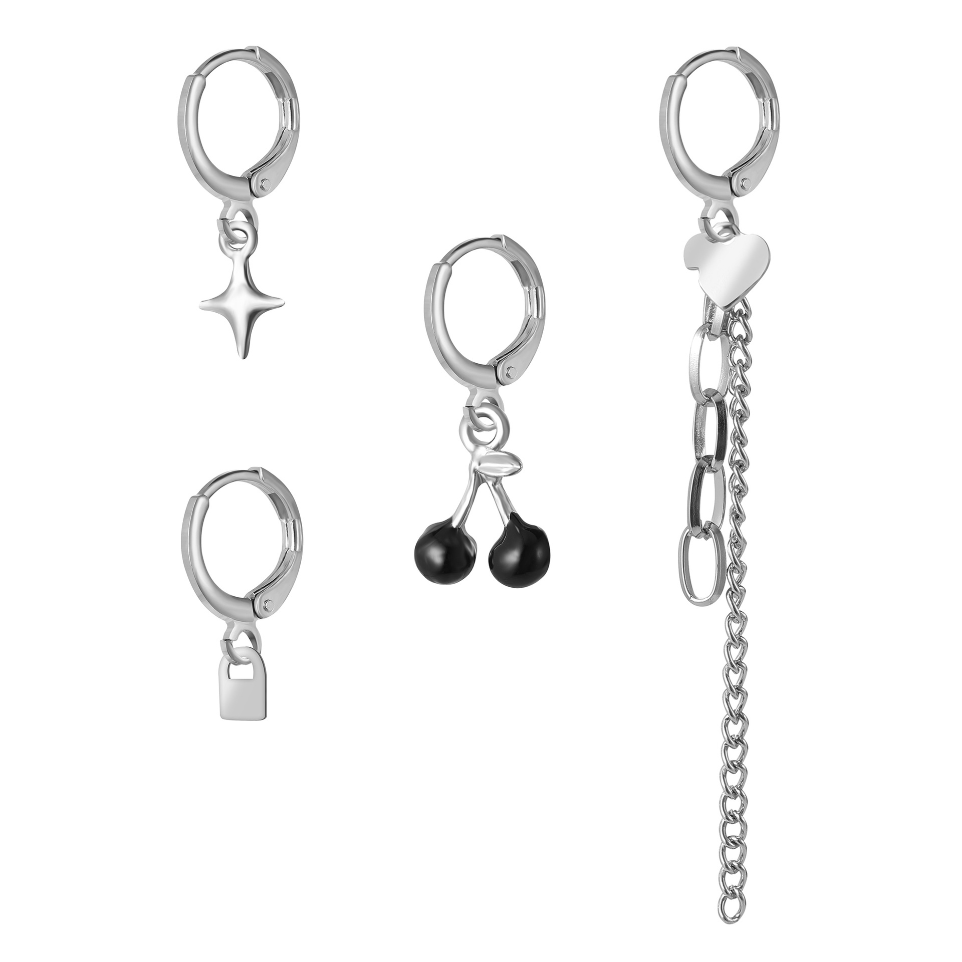 Dark style ins Little cherry simple sweet and cool girl ear buckle, heart bear heart ear stud 6-piece ear buckle set Item Picture
