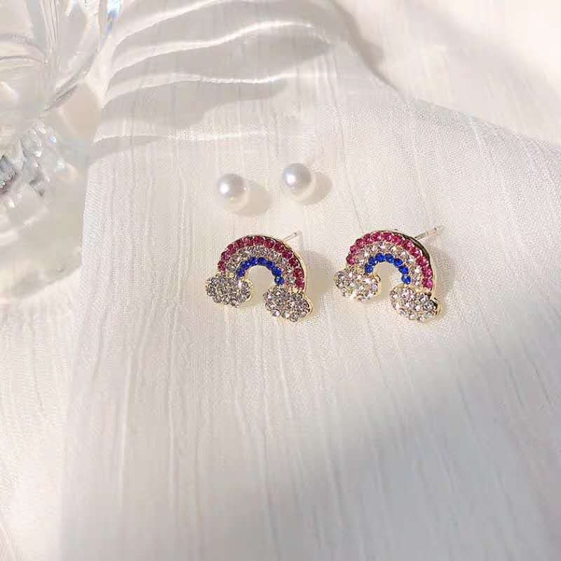 Fresh and cute rainbow earrings for women, simple and small stud earrings set, silver needle 2020 new trendy and sweet girl earrings full figure