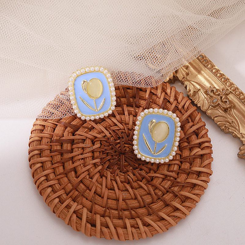 S925 Silver Needle Korean-style cat's eye stone tulip blue oil-dripping square pearl stud earrings exude a gentle and elegant charm Application Scenario