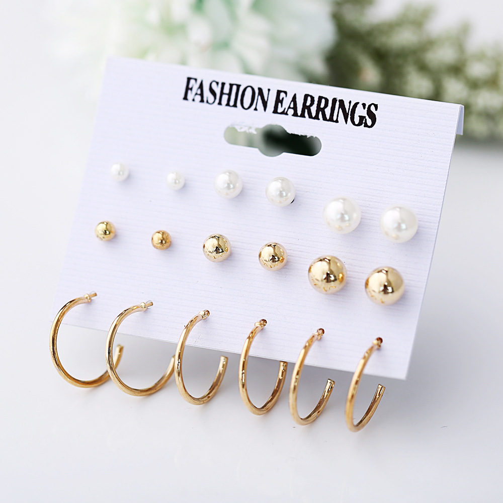 Wholesale of new cross-border earrings from Europe and America. Creative and simple imitation pearl open circle stud set, 9 pairs details Picture