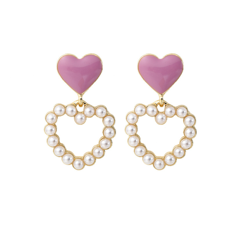 S925 Silver Needle Korean hollowed-out heart-shaped Pearl Sweet and elegant Oiled peach heart Stud earrings Fresh and cute heart-shaped pearl Item Picture