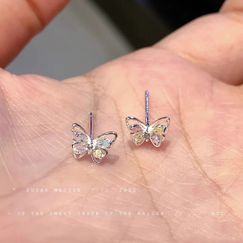 s925 Silver Needle Small colored Zircon butterfly stud earrings for women, light luxury and high-end exquisite earrings, versatile and elegant earrings full figure