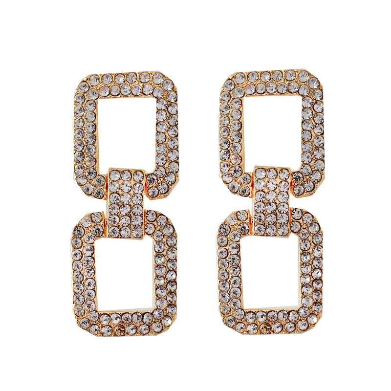 S925 Silver needle European and American exaggerated full diamond geometric rectangular personalized earrings, simple and elegant long earrings and earrings for women Item Picture