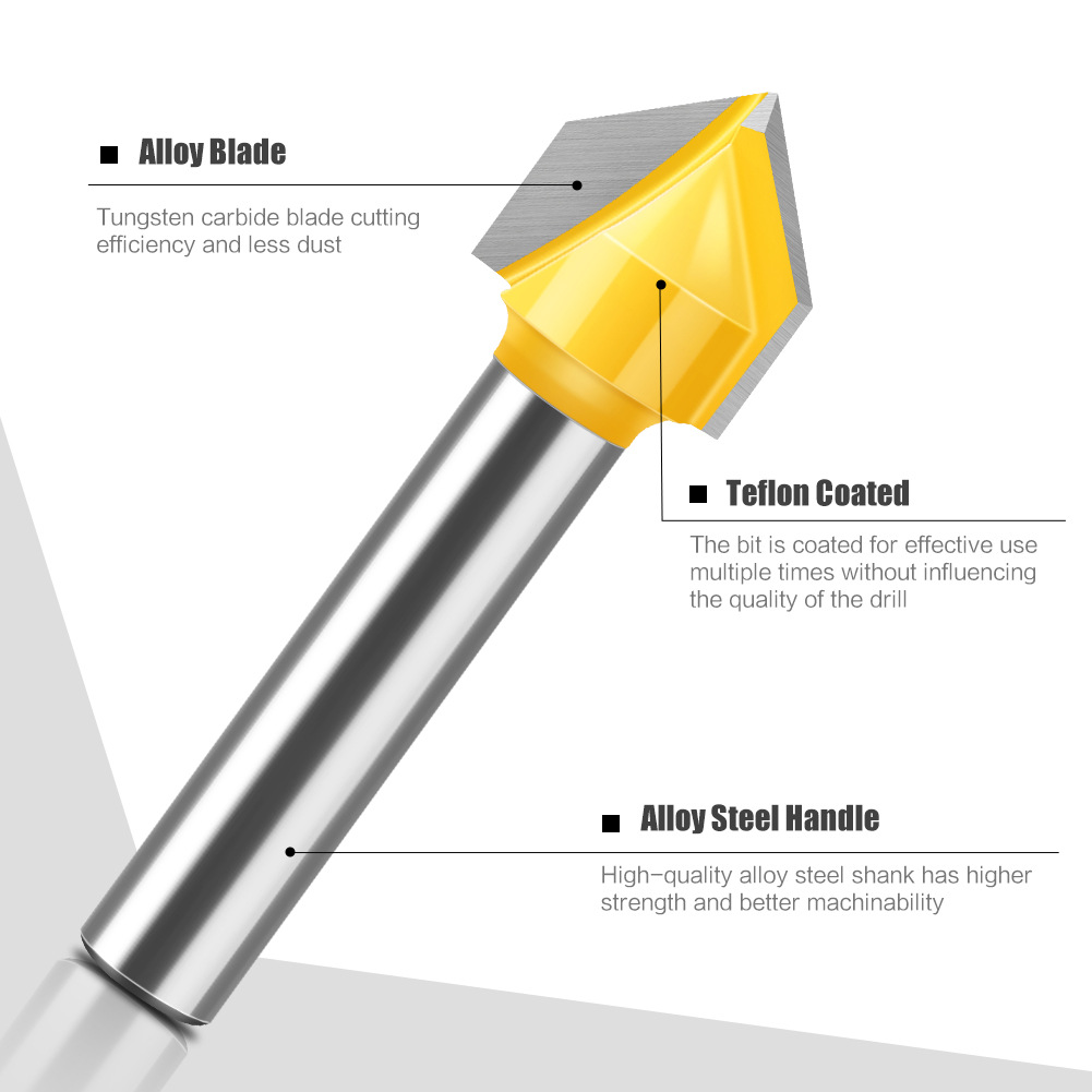 6-piece set of 3V+3 deep round bottom knife, slotting knife, corner folding knife, woodworking milling cutter, slot knife, trimming machine milling cutter Specification drawing
