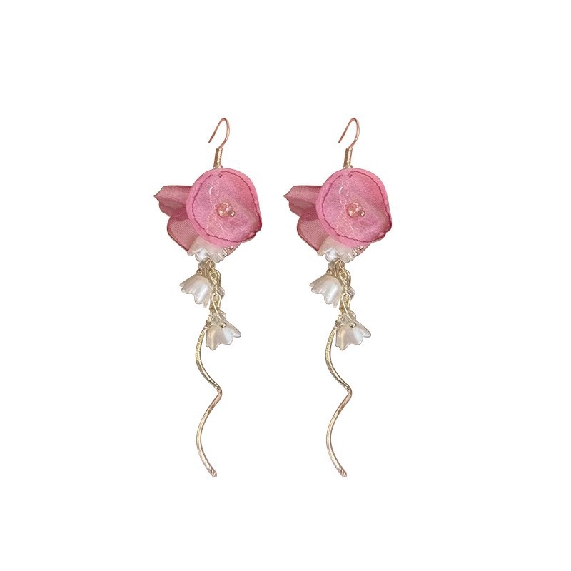 French ethereal pink flower tassel stud earrings, unique, high-end and exaggerated seaside vacation style earrings and earrings for women in summer Item Picture