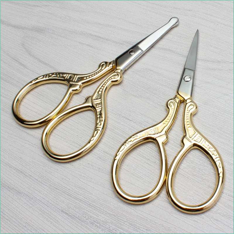 Retro gold-plated round-head nose hair scissors, round-head small scissors, beauty scissors, makeup small tools, pure head scissors details Picture