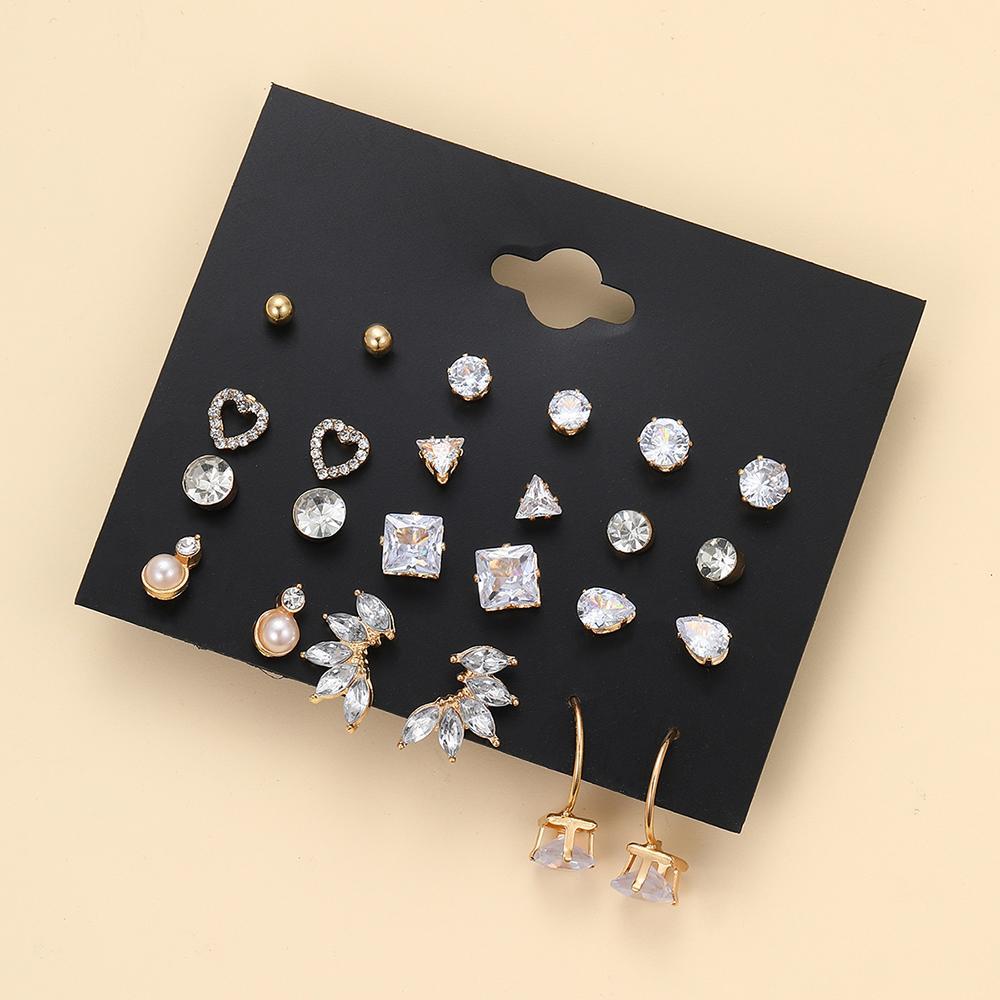 A new 12-piece set of cross-border rhinestone earrings from Europe and America, featuring Instagram-style heart-shaped triangular teardrop-shaped stud earrings Application Scenario
