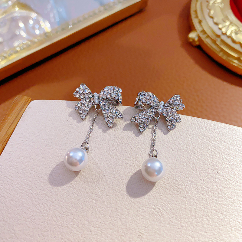 s925 Silver needle Bow tassel Pearl Earrings and earrings, high-end and light luxury stud earrings, French fashionable earrings Specification drawing