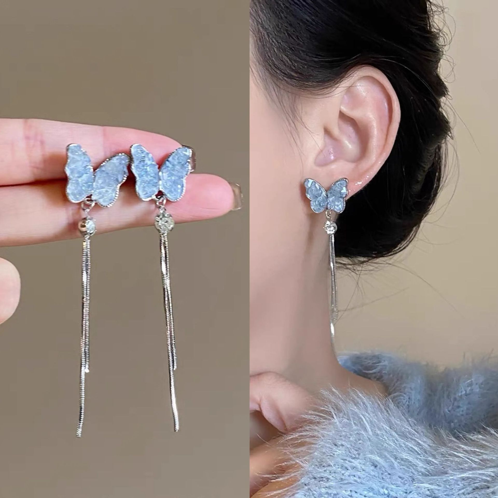 The super ethereal blue butterfly tassel stud earrings are a new 2024 bestseller for women. They exude a high-end feel and are versatile and stylish earrings for Internet celebrities full figure