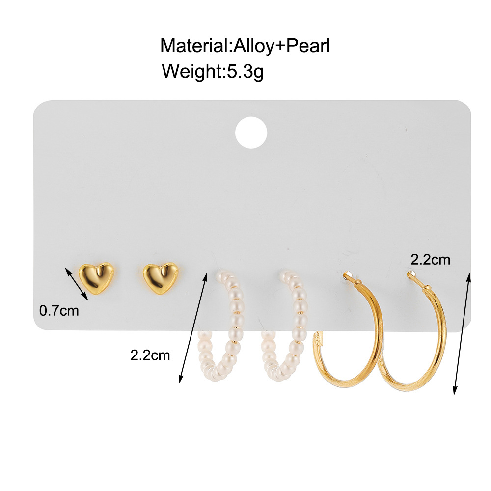 A simple cross-border earring set from Europe and America, featuring 3 pairs of heart-shaped stud earrings and creative, retro and personalized pearl-like ear loops Specification drawing