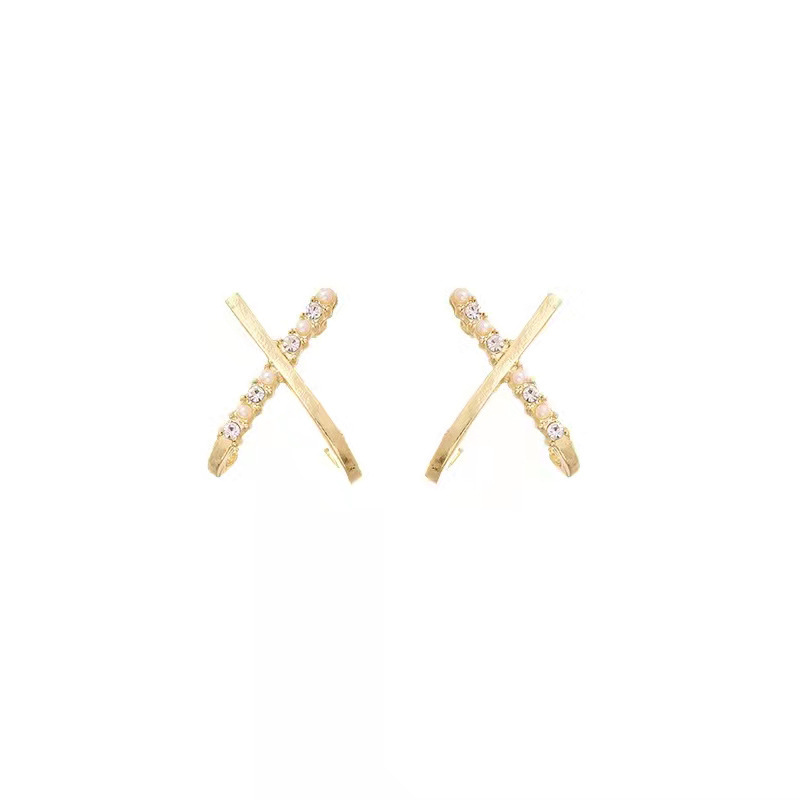 925 silver needle, Instagram influencer water diamond pearl cross earrings, women's personality and temperament, cold style, niche stud earrings and accessories, trendy Item Picture