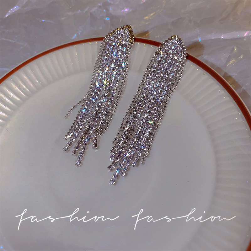 S925 Silver needle European and American fashion exaggerated Full diamond long tassel earrings, Korean style light luxury versatile earrings wholesale full figure