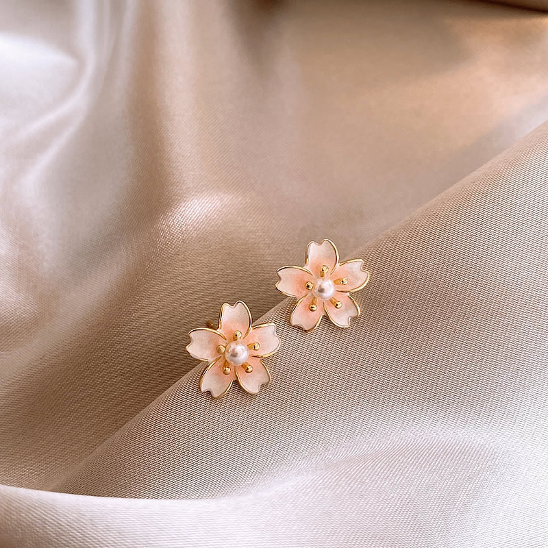 Drip glaze dyed peach blossom pearl stud earrings for women, a light luxury and high-end look, elegant and grand earrings, sweet and versatile earrings wholesale Specification drawing