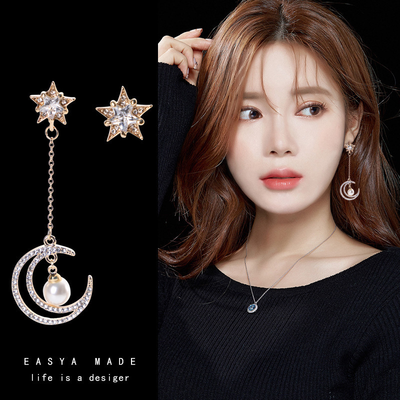 S925 Silver Needle Star Moon Asymmetrical Earrings for Women, long and elegant earrings, fashionable and versatile, simple stud earrings wholesale Specification drawing