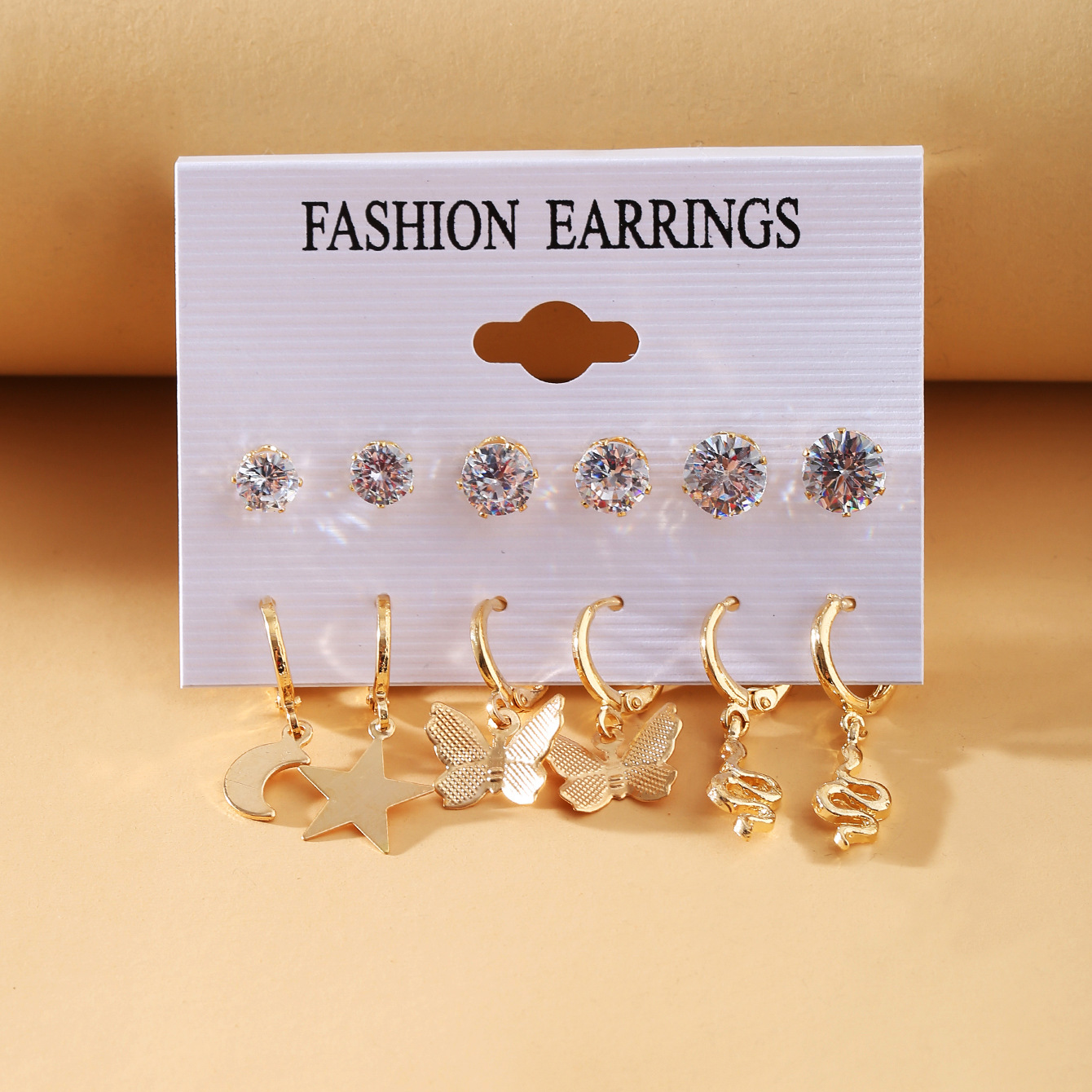 A new cross-border star Moon Snake earring set of 6 pairs from Europe and America, featuring creative and simple butterfly earrings with standing diamond stud earrings details Picture