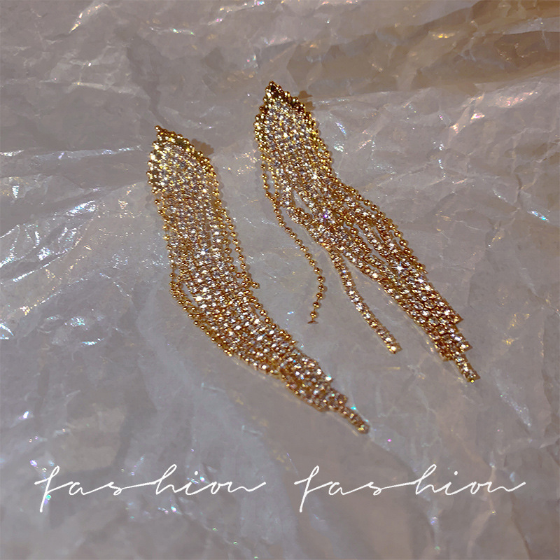 S925 Silver needle European and American fashion exaggerated Full diamond long tassel earrings, Korean style light luxury versatile earrings wholesale Specification drawing