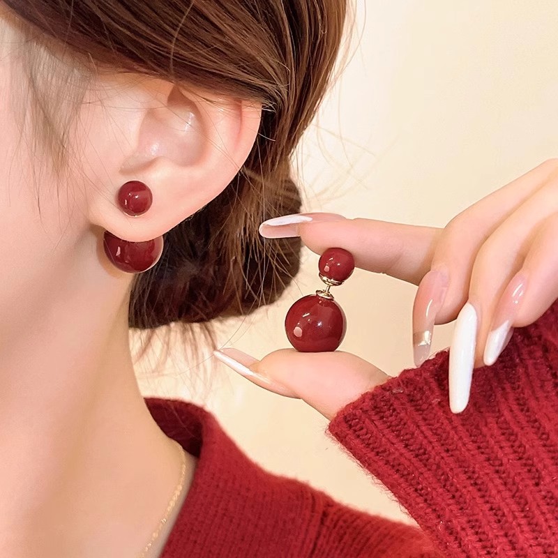 Double-sided large and small pearl stud earrings for women, red New Year festive earrings, light luxury, high-end, niche and unique style earrings full figure