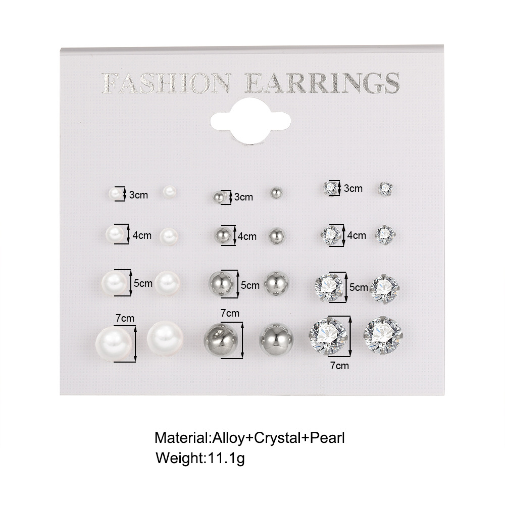 A 12-pair set of new cross-border ins personalized and simple round metal combination pearl zircon stud earrings from Europe and America details Picture