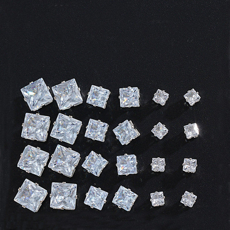 A 12-piece set of fashionable geometric square zirconia stud earrings from Europe and America, featuring a light luxury and creative high-end feel for women Specification drawing
