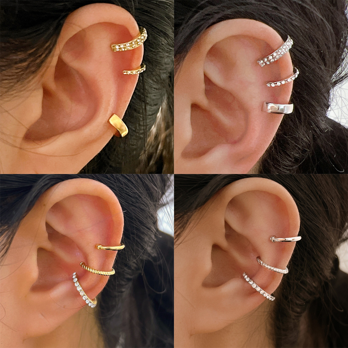 This is a popular cross-border product from Europe and America. It features a unique, fashionable and stylish C-shaped ear bone clip without ear holes. It is a compact and stylish three-piece set full figure