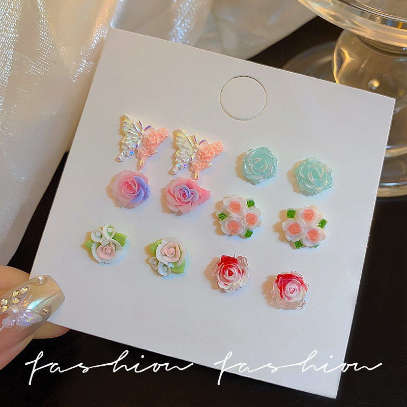 Spring/Summer 2025 new S925 silver needle stud earrings for women, colorful and fresh camellia flower earrings, resin butterfly earrings Specification drawing