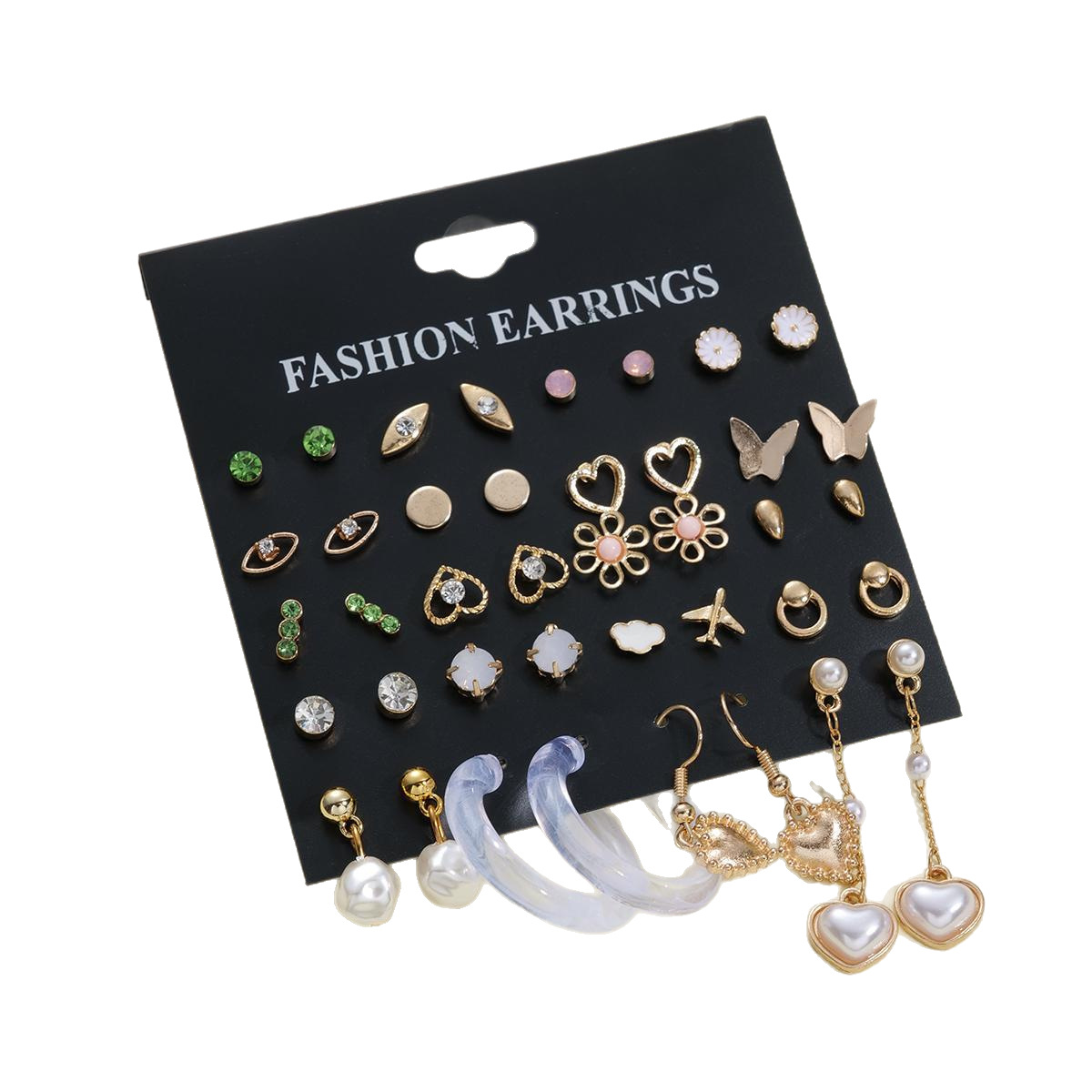 A new cross-border fashion and simple set of 20-piece heart-shaped flower butterfly stud earrings from Europe and America, featuring retro pearl earrings Item Picture