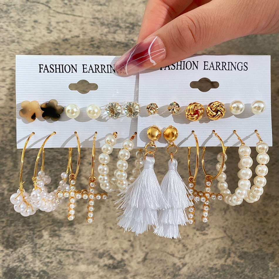 Cross-border European and American shopee AliExpress acrylic imitation pearl earrings, simple and retro ear ring set of 6 pairs full figure