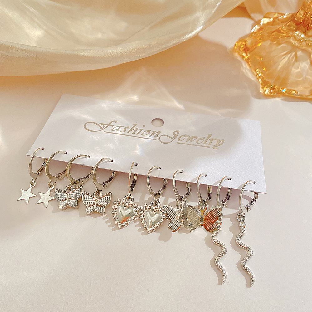 Wholesale of new cross-border butterfly imitation pearl earrings, creative and simple five-pointed star moon earrings set of 9 pairs Specification drawing