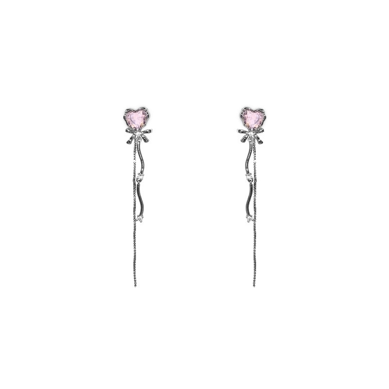 Long heart-shaped tassel earrings with a versatile and niche design, sweet and cool zircon bow, elegant and high-end earrings and earrings Item Picture