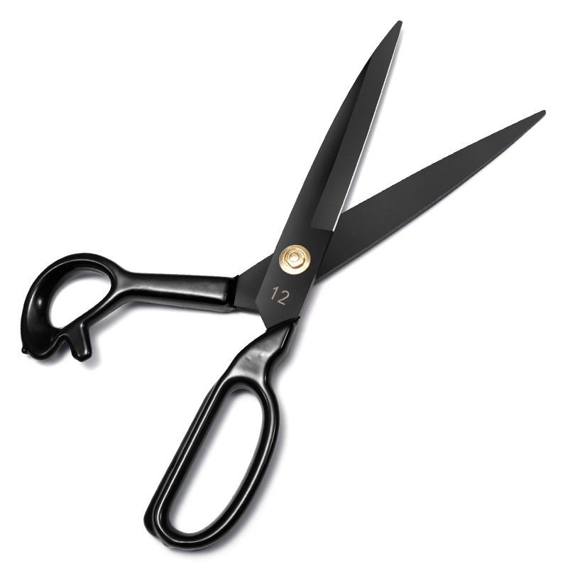 Wholesale of various sizes of blackened tailor scissors in stock from the factory, made of stainless steel, steel and fabric, tailors Specification drawing