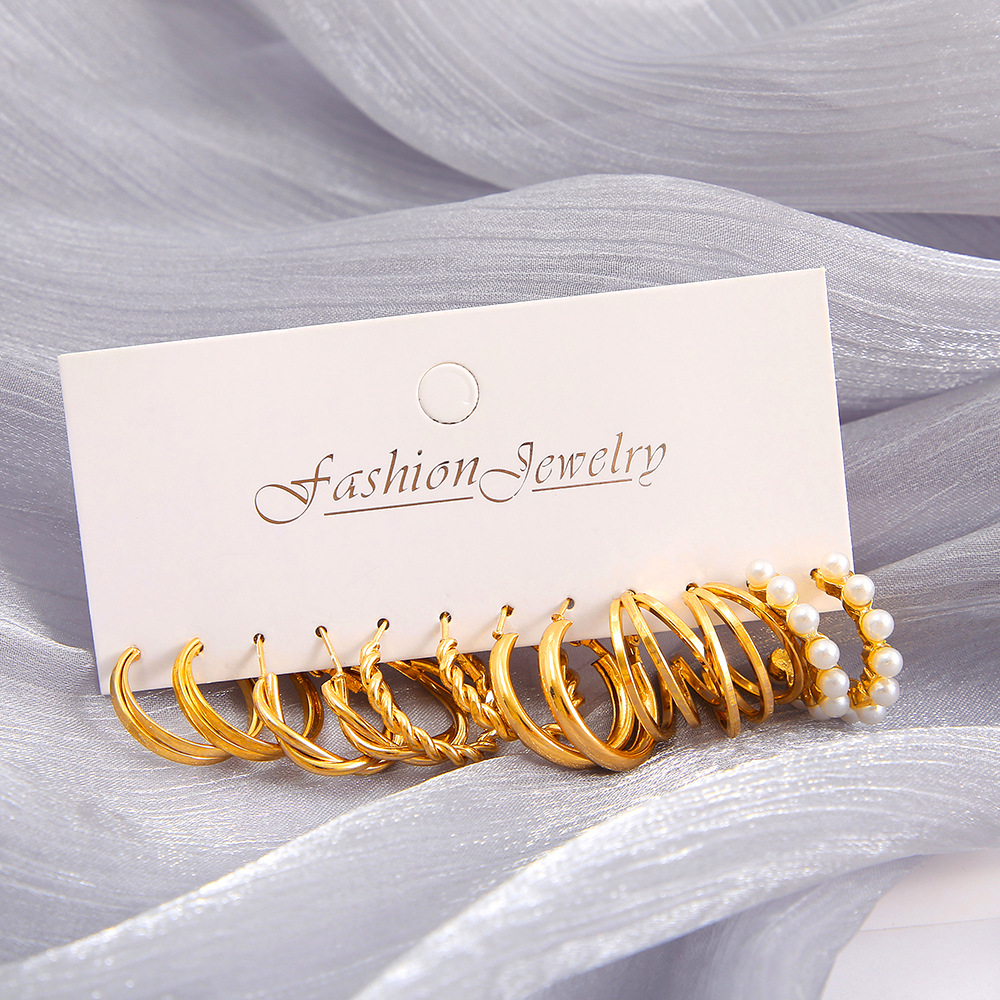 A new cross-border personalized metal three-tube twist earring set of 6 pieces, featuring personalized ins ear rings and golden C-shaped earrings Specification drawing