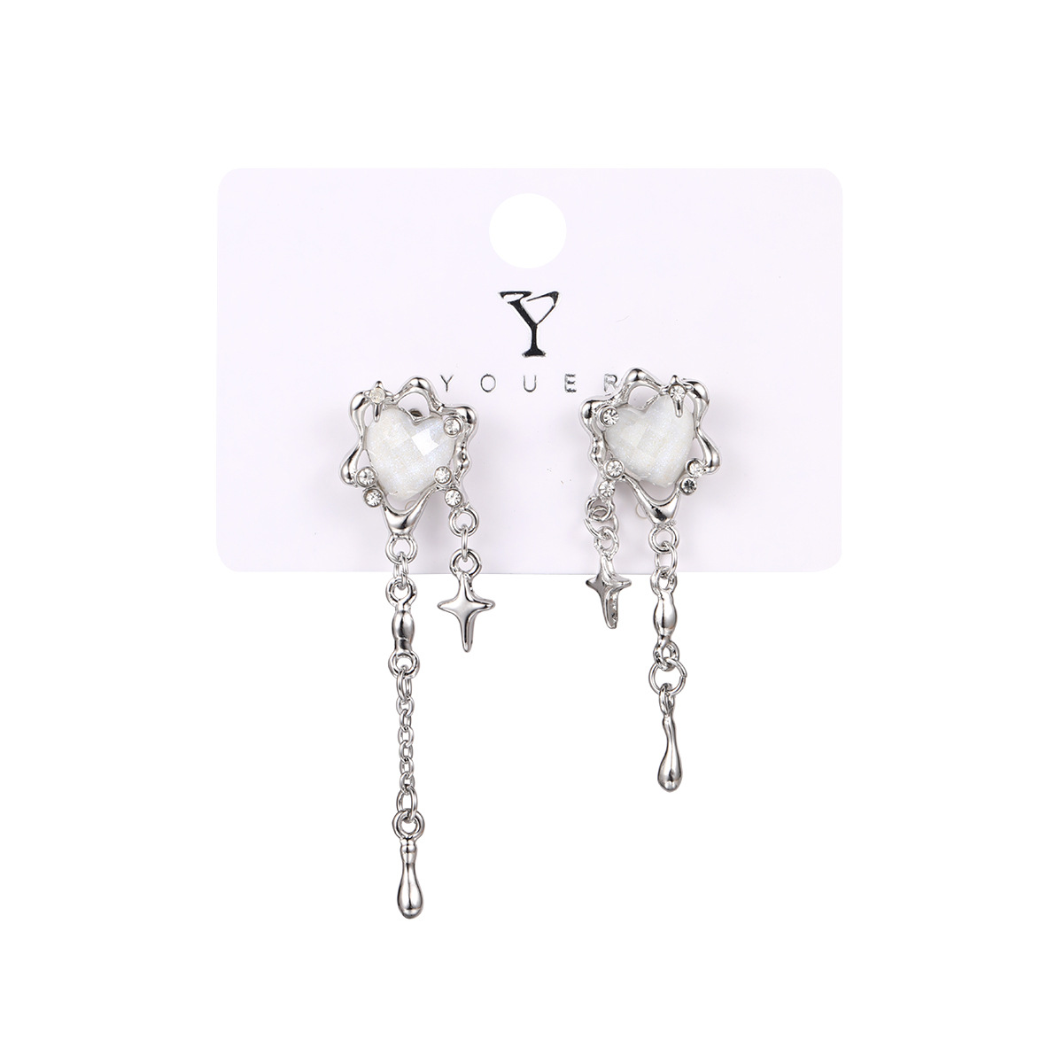 Cross-border heart-shaped four-pointed star tassel earrings, light luxury and niche ins style, sweet and cool, high-end and personalized earrings Item Picture