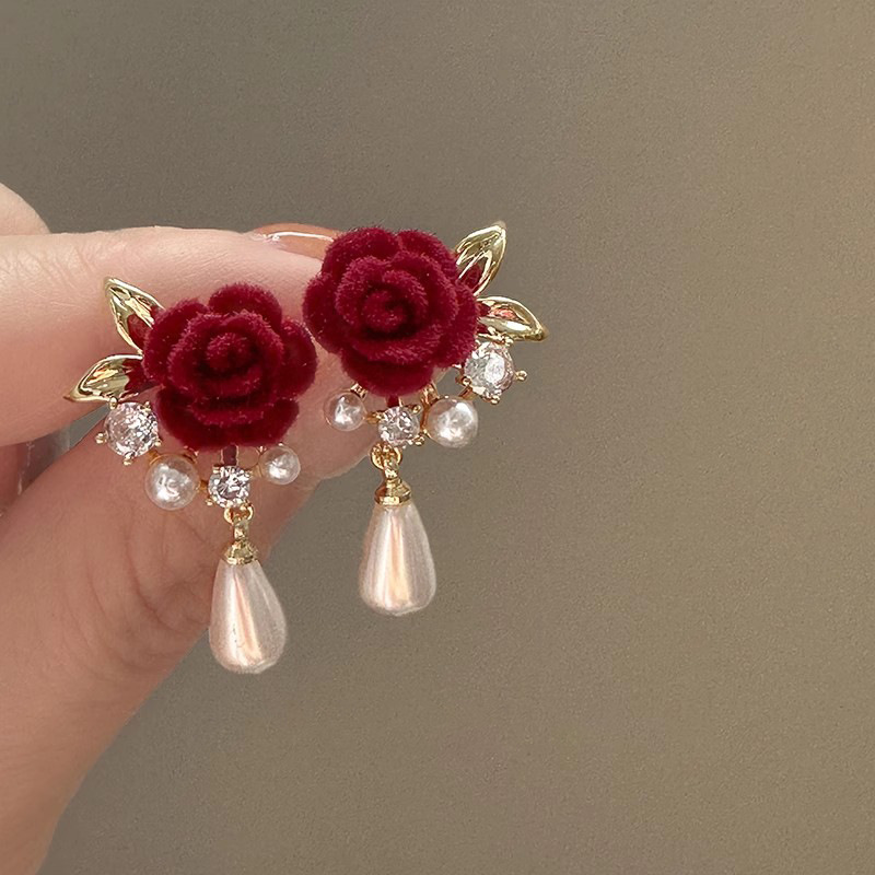 925 Silver Needle Rose French Retro velvet Flower Pearl Earrings, women's light luxury high-end, ethereal and exquisite earrings details Picture