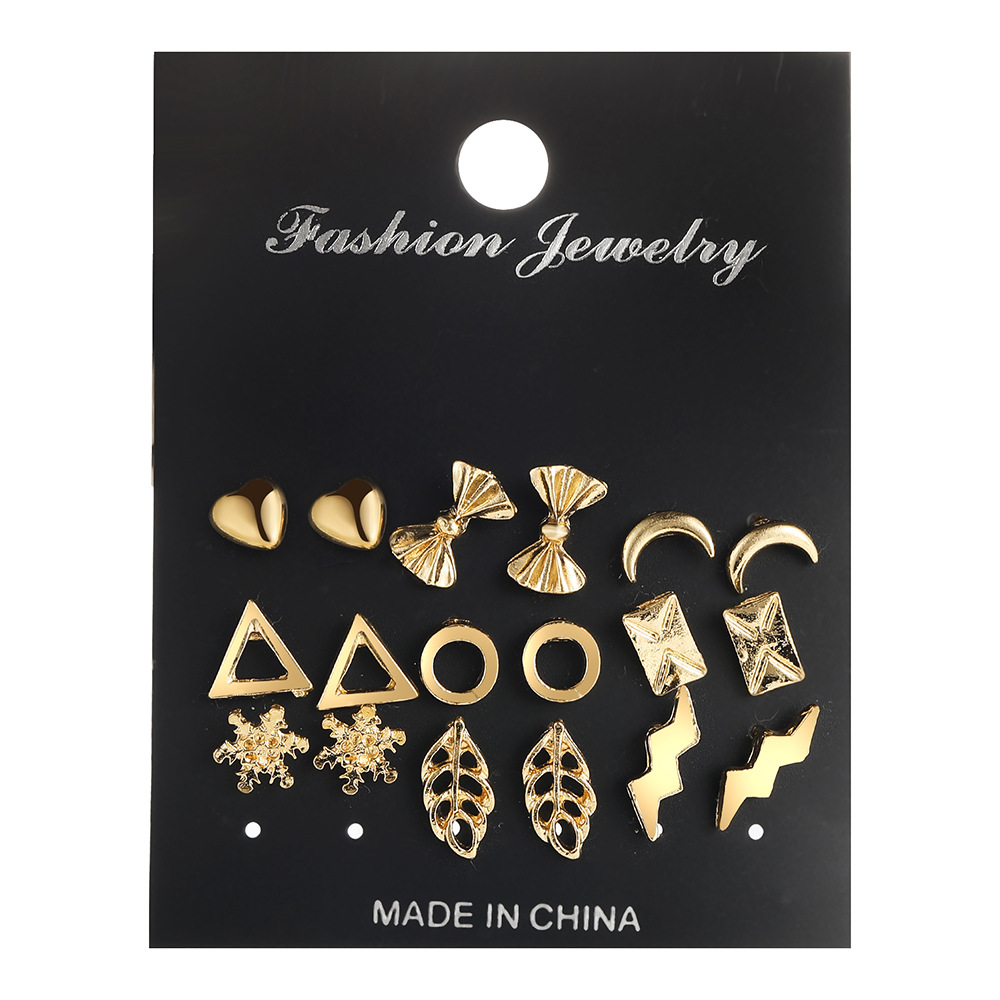 New creative and personalized geometric earrings, golden heart triangle, round leaf, moon stud set mixed batch Item Picture