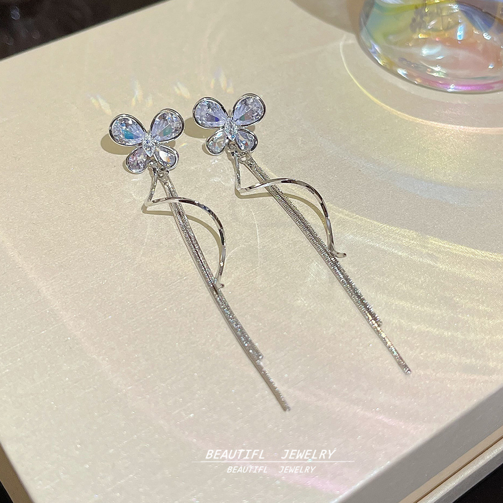 New zircon bow wavy tassel earrings, grand and exaggerated long stud earrings, versatile fairy earrings wholesale Specification drawing