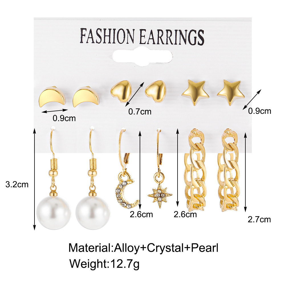 A new cross-border pearl chain earring set of 6 pieces, creative heart-shaped moon and five-pointed star stud earrings, in an ins style for women details Picture