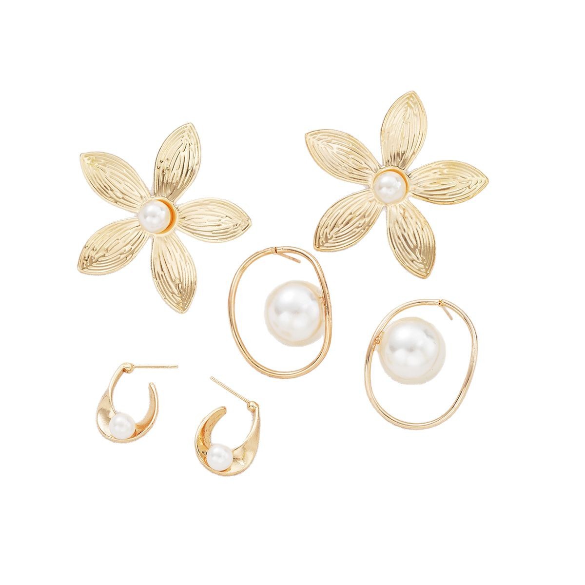 A set of 3-piece personalized and exaggerated flower-like pearl ear studs for cross-border trade from Europe and America, featuring fashionable and niche design and creative ear studs Item Picture