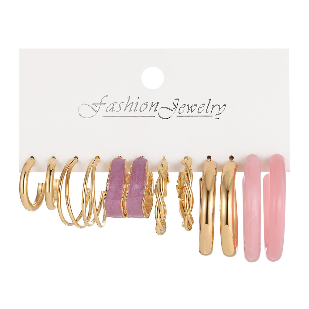 A new cross-border style of simple and fashionable pink acrylic earrings six-piece set, fresh and sweet, elegant ladies' chain earrings Item Picture