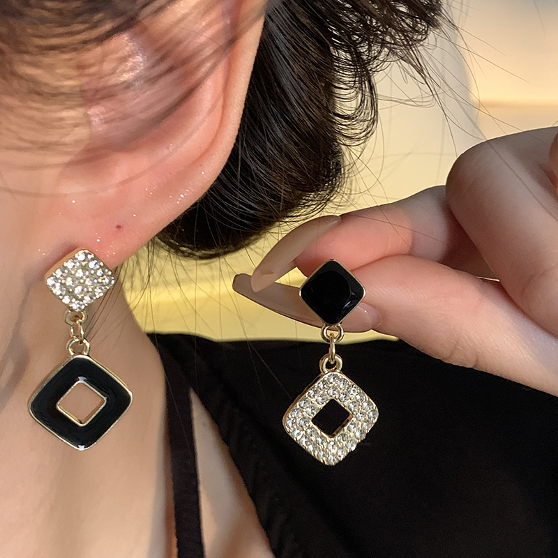 Black small square earrings, a new 2024 bestseller with a micro-inlay and niche design, featuring silver needle earrings for women, are a light luxury and versatile accessory details Picture