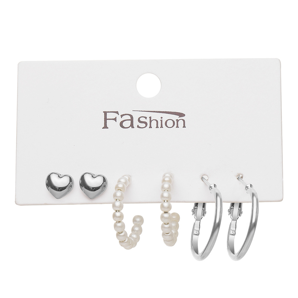 European and American cross-border simple alloy silver 3-pair earrings, heart-shaped stud earrings, creative geometric ear rings, and pearl imitation earrings Item Picture