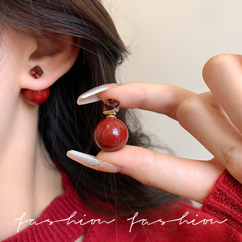 Ankela Red two-sided pearl stud earrings for women 2025 Autumn/Winter new, unique and versatile design earrings and earrings full figure