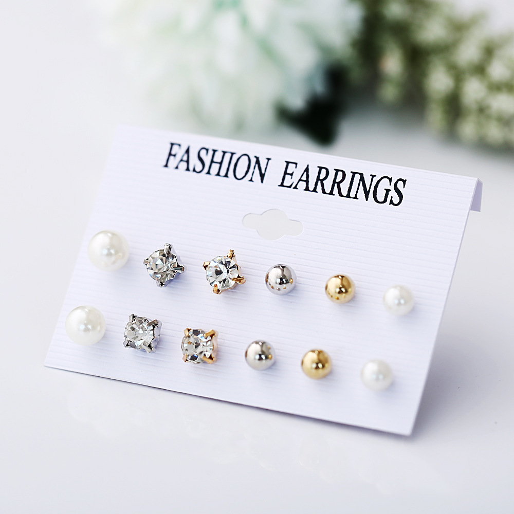 A new cross-border 6-pair set of zirconia stud earrings from Europe and America, featuring a retro and simple imitation pearl round ball earrings details Picture