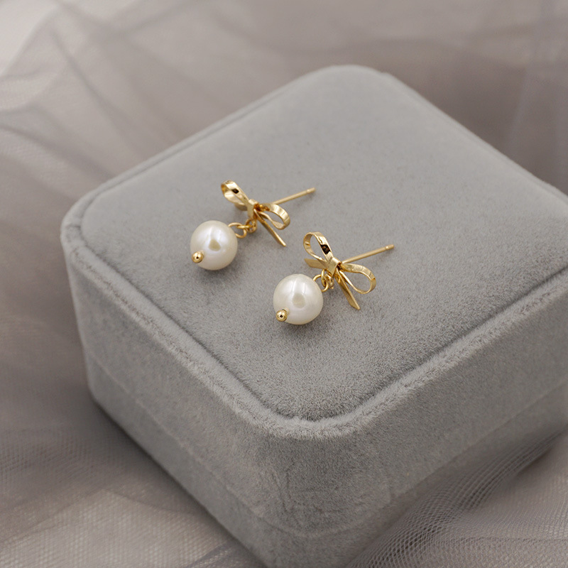 S925 silver needle stud earrings, elegant pearl Korean bow earrings, cute pendant accessories, fashionable and versatile earrings details Picture
