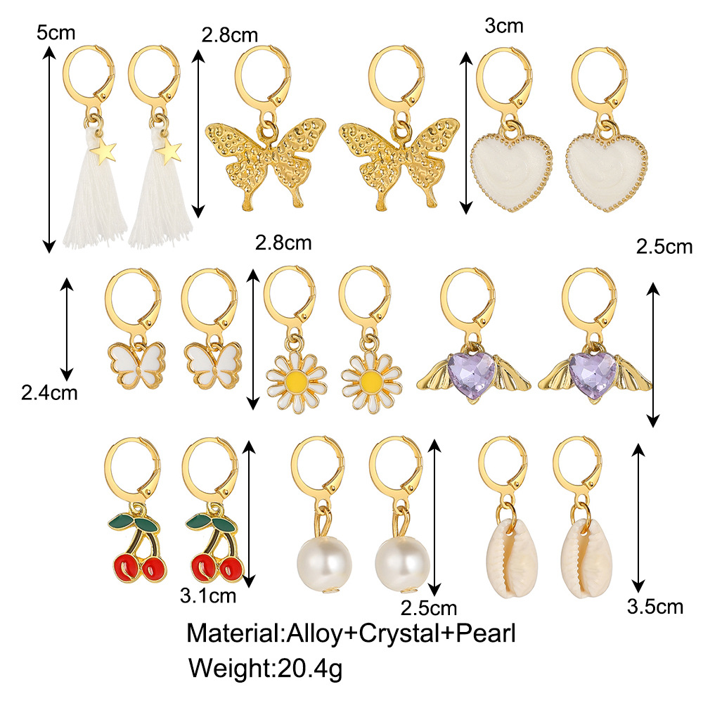 Wholesale of 9 pairs of creative butterfly heart cherry imitation pearl ear buckles in the new cross-border alloy rhinestone earring set details Picture